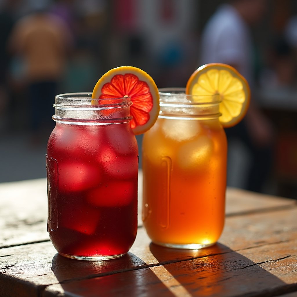 Two colorful agua fresca drinks in mason jars with hibiscus and tamarind flavors on a wooden surface