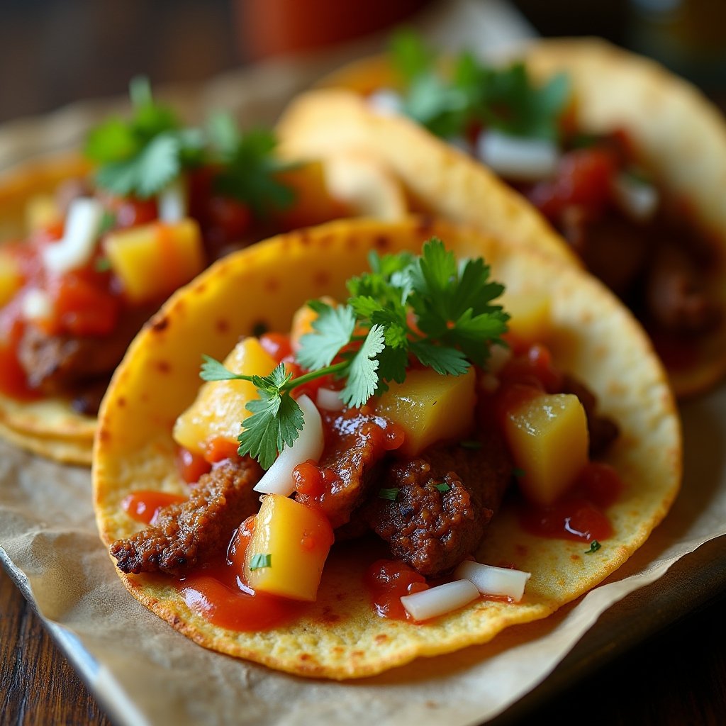 Al pastor tacos with pineapple chunks, fresh cilantro and red salsa on doubled corn tortillas