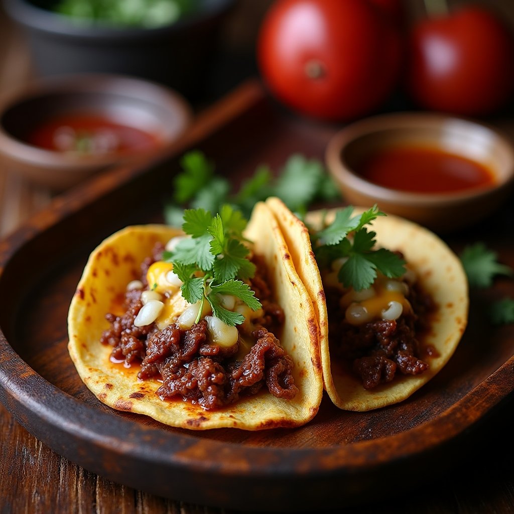 Steaming birria tacos with consomme dipping broth on a rustic tray