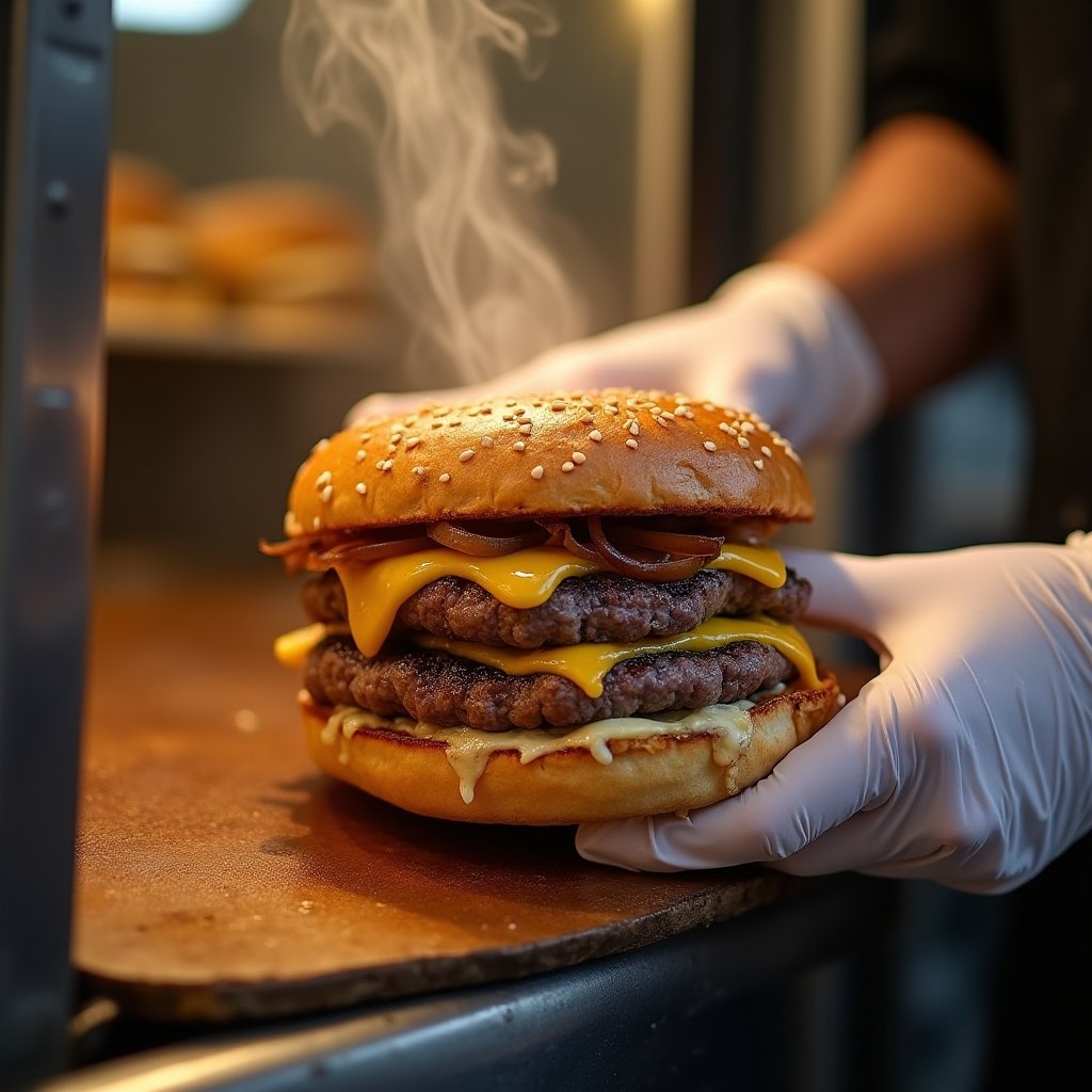 Juicy smash burger being assembled by a street vendor