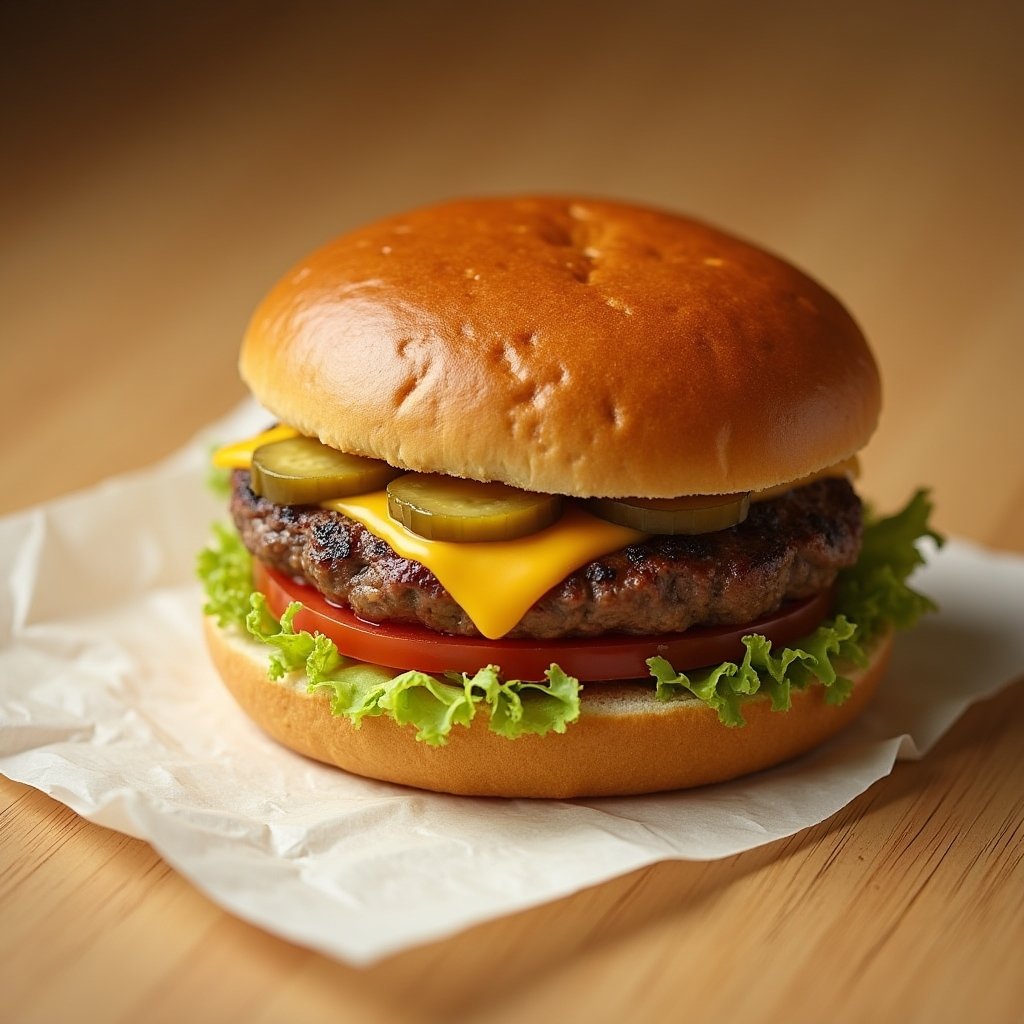 Single classic cheeseburger with American cheese, lettuce, tomato and special sauce on a brioche bun