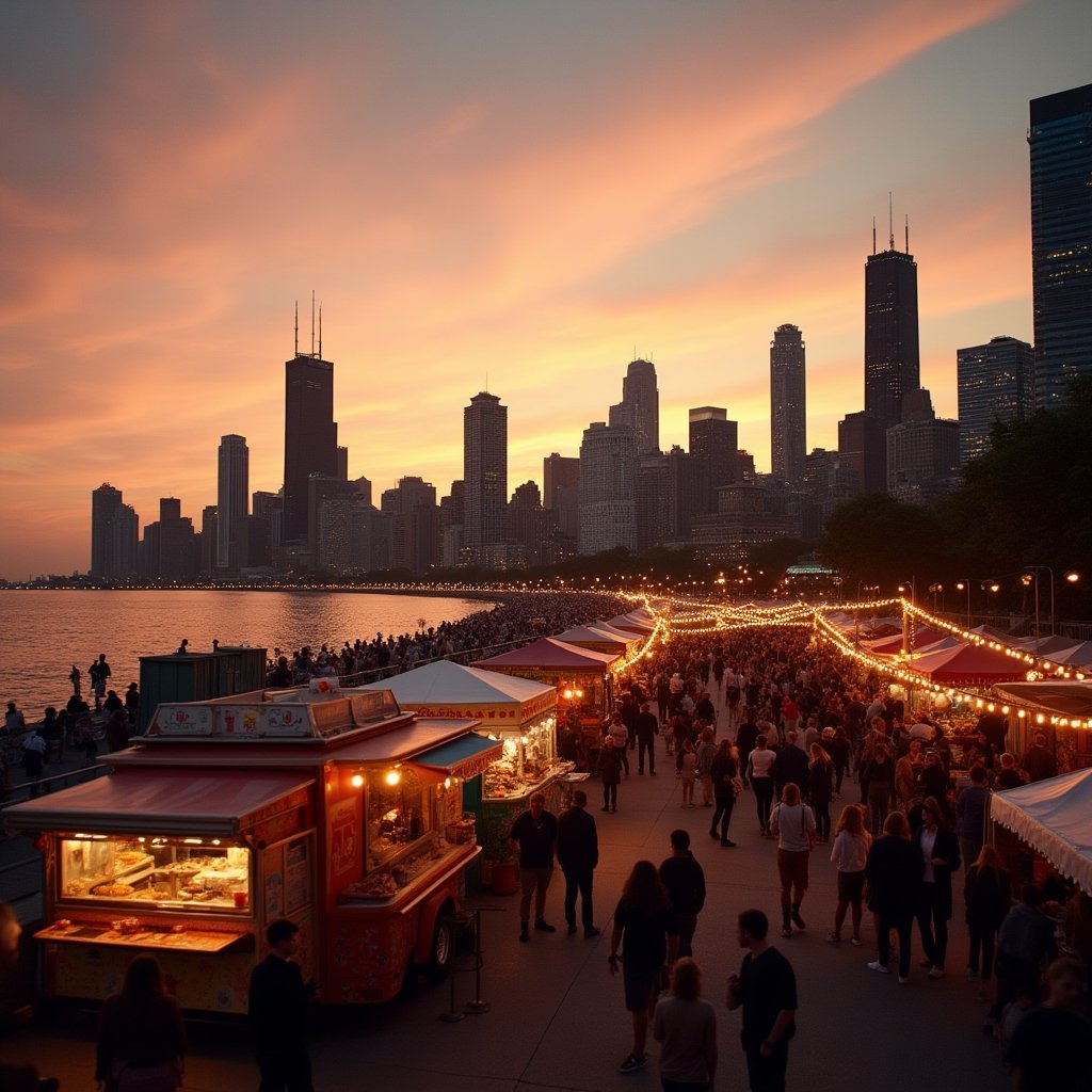 Chicago skyline at golden hour with a food truck festival visible in the foreground along the lakefront
