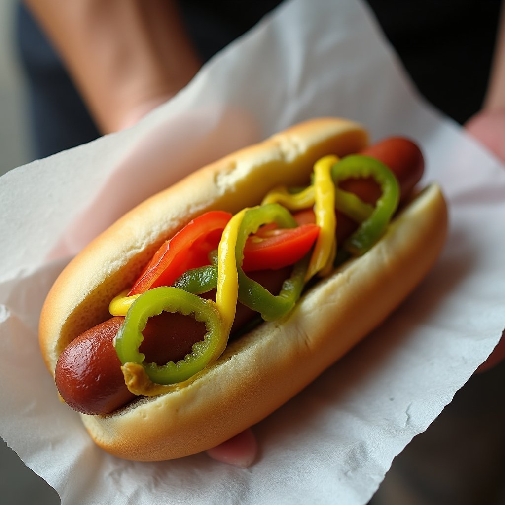 Chicago-style hot dog with neon relish, sport peppers, tomato and celery salt on poppy seed bun