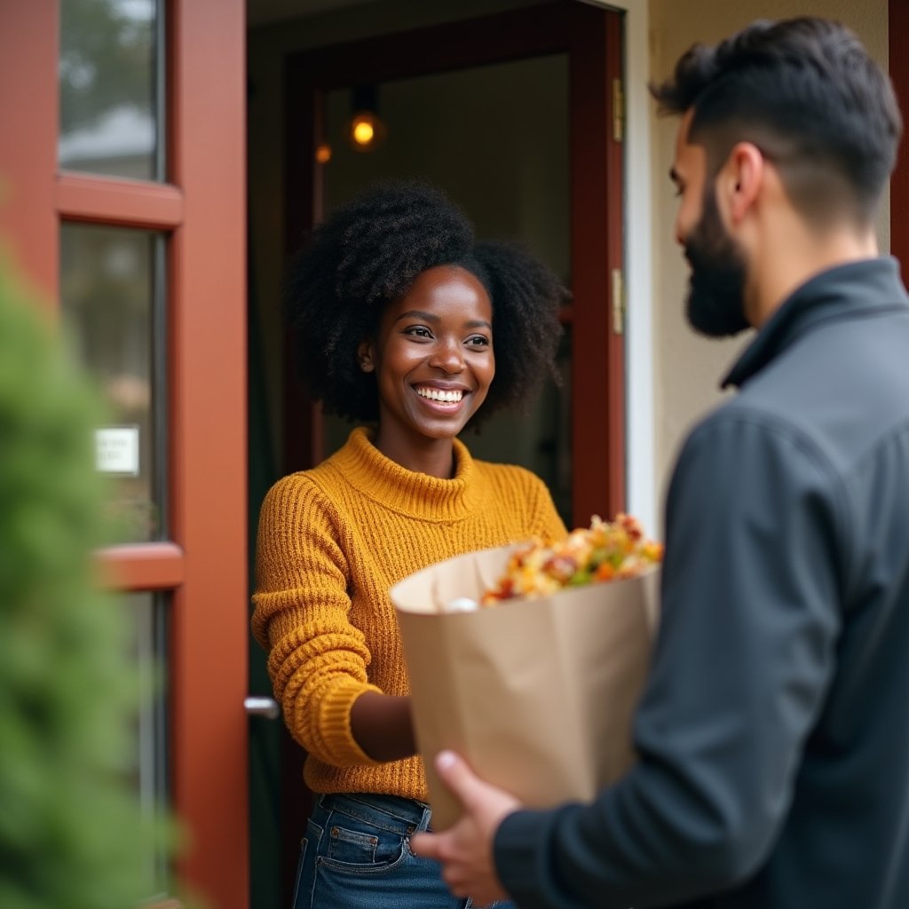 Happy customer receiving a paper bag of street food from a delivery driver at a front door