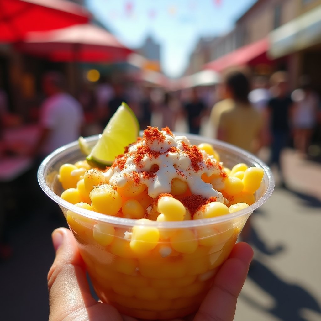 Mexican street corn in a cup topped with cotija cheese, chili powder and lime crema