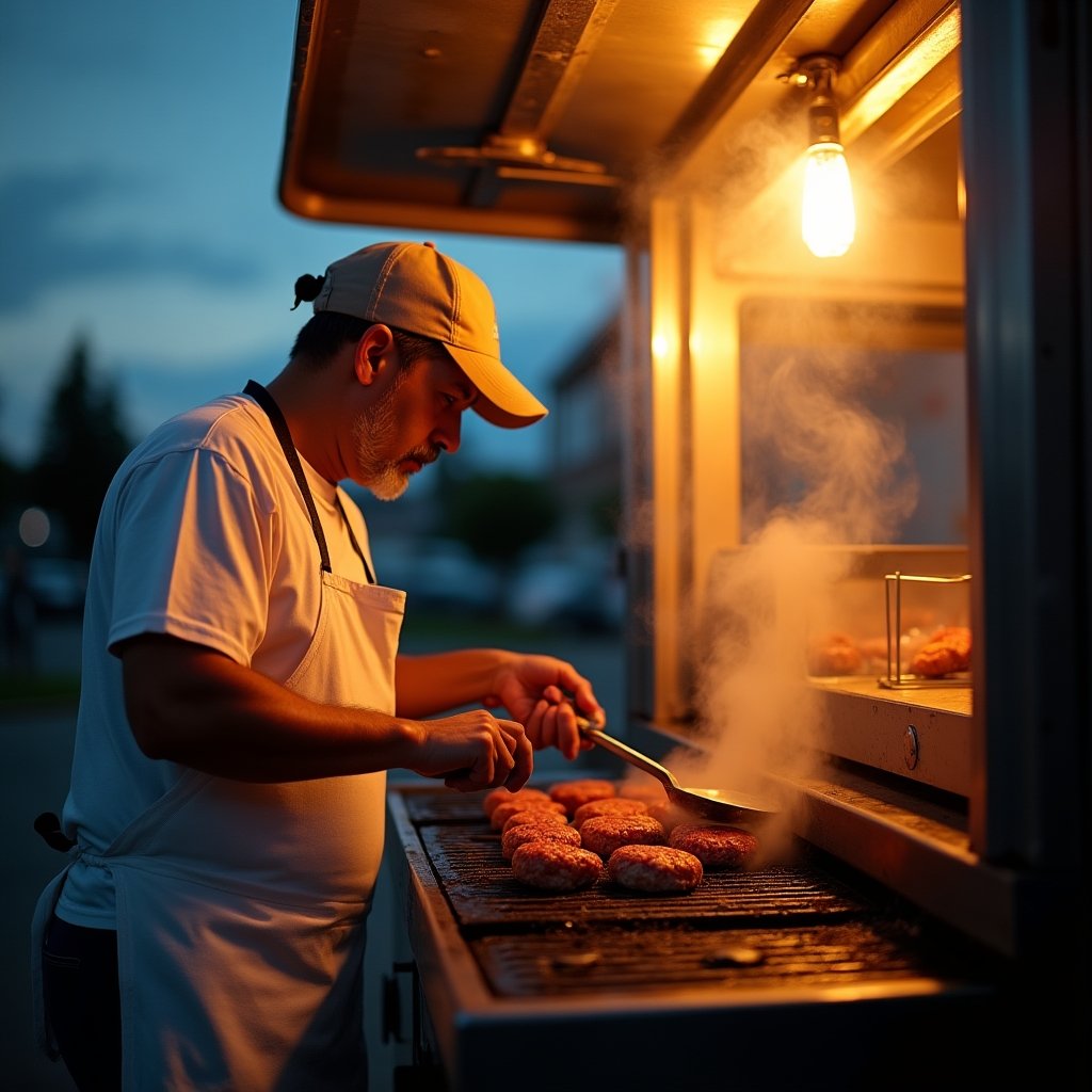 Food truck vendor in apron grilling meat inside a brightly lit truck window at dusk