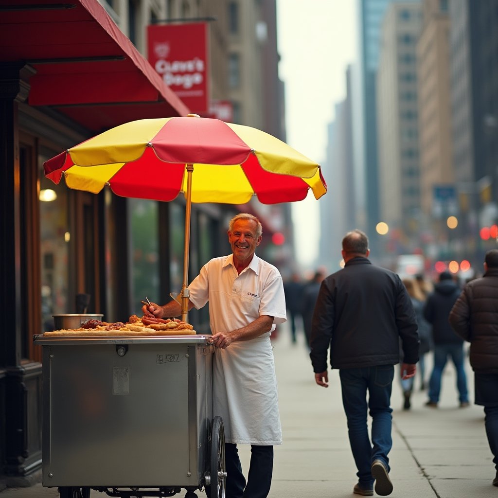 Classic Chicago hot dog cart on a busy downtown sidewalk