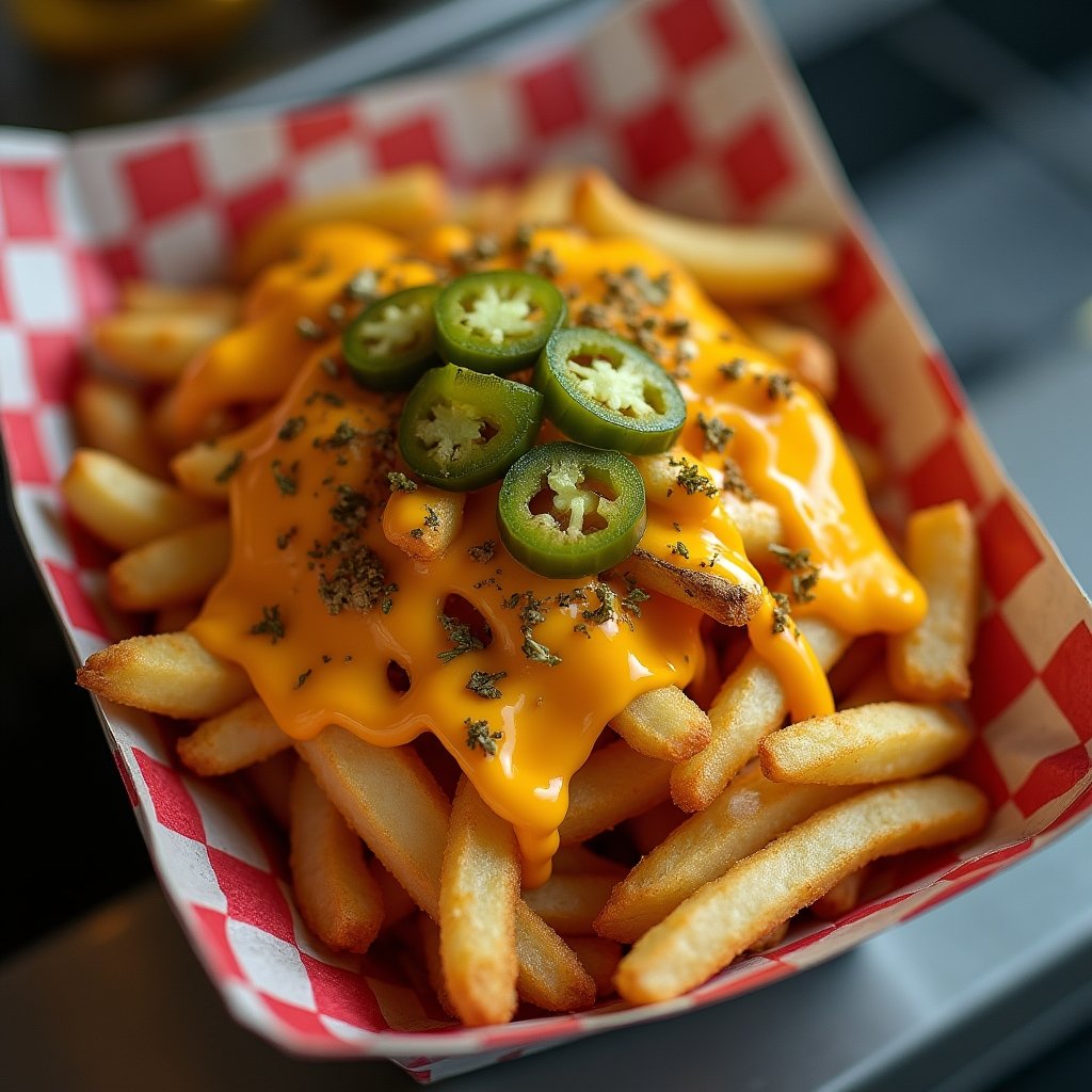 Crispy loaded fries topped with melted cheese, jalapenos and chipotle mayo in a paper tray