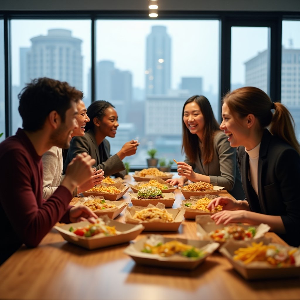 Office team gathered around a spread of street food containers on a conference table during a lunch event