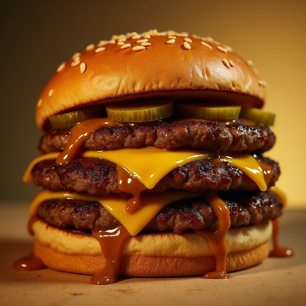 Double smash burger with caramelized onions and special sauce dripping over sesame bun