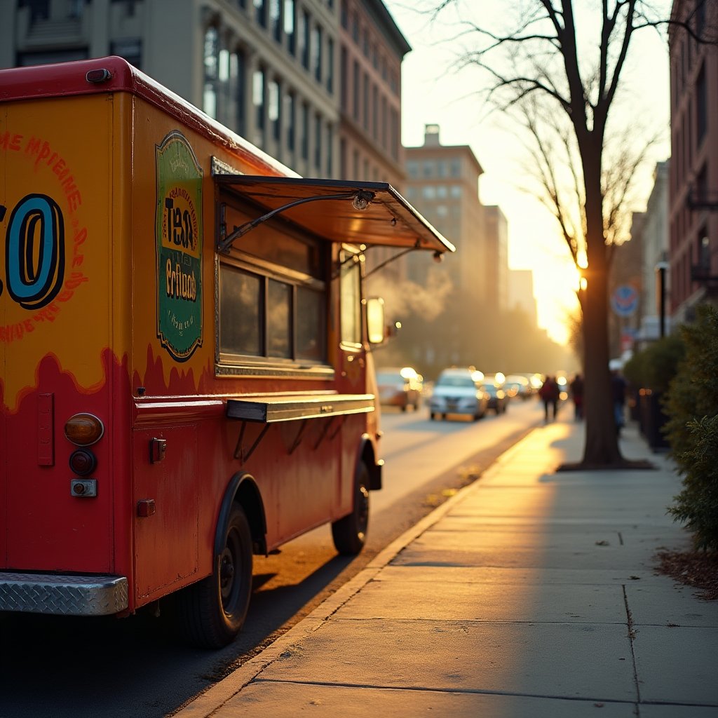 Colorful taco truck parked on a Chicago street