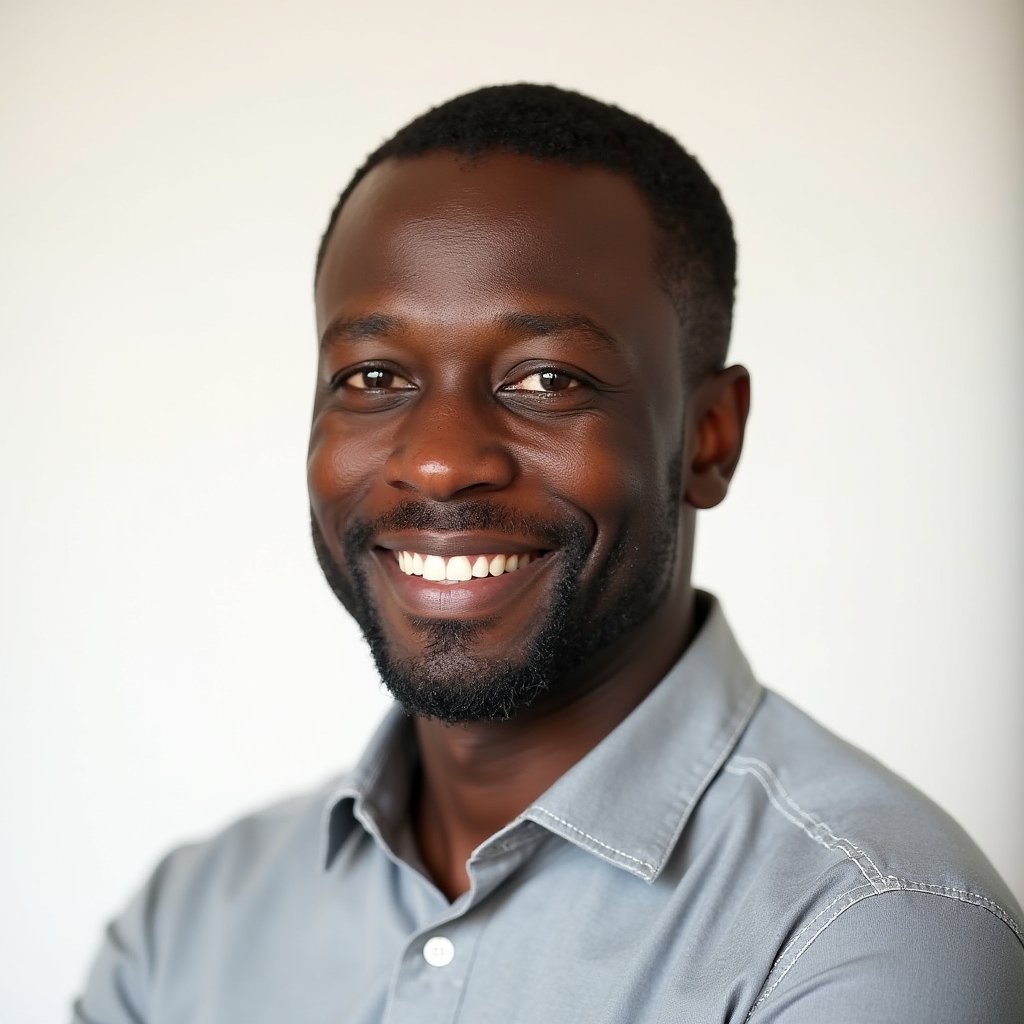 James Okafor, Platform Engineer, a 47-year-old Black man in a neat collared shirt focused and thoughtful in expression