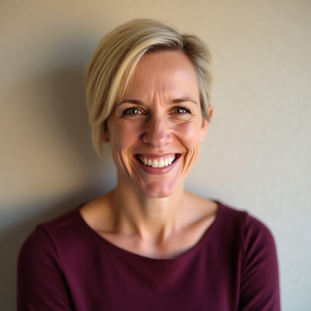 Sarah Kowalski, Community Manager, a 44-year-old white woman with short hair and an energetic, friendly expression in smart casual clothing